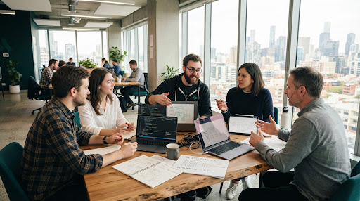 Software engineering team collaborating in a modern office